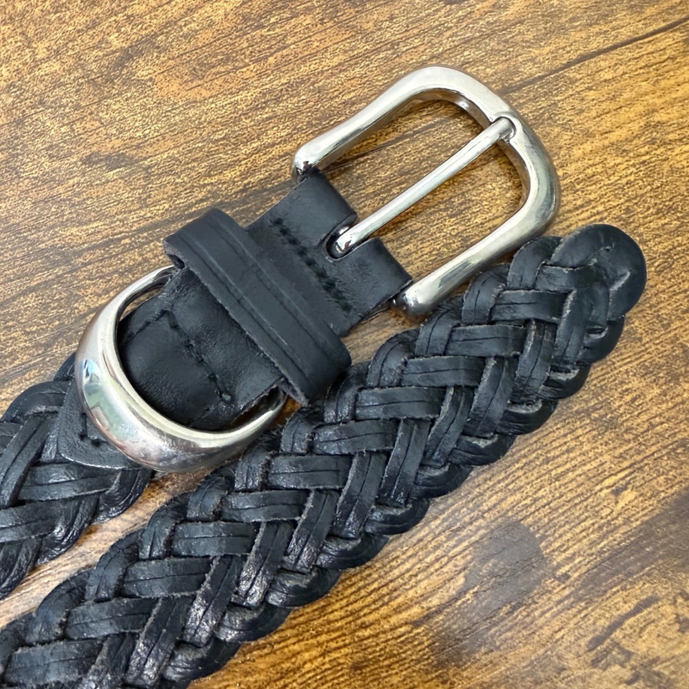 Vtg Black Braided Genuine Leather Belt Womens M/L Silver Buckle Preppy Classic - Picture 3 of 10